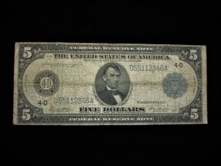 Series 1914 U.  S.  $5.  00 Fed.  Reserve Note - Old " Horse Blanket " - Fr Cleveland,  Oh