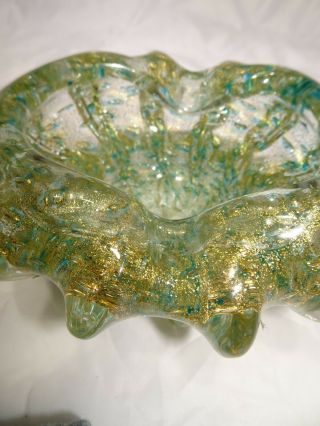 Vintage Murano Gold Leaf Green Sea Urchin Ash Tray for 2 2