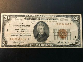 1929 $20 Frbn National Currency,  I - Minneapolis,  Brown Seal,  Fr 1870 I