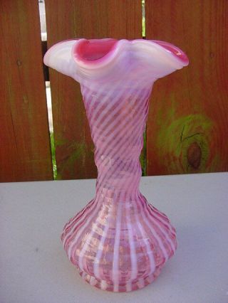 Fenton Cranberry Opalescent Swirl Ribbed Vase