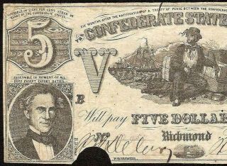 1861 $5 Dollar Confederate States Currency Civil War Note Old Paper Money T - 37