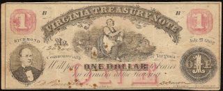 1862 $1 Dollar Richmond Virginia Treasury Note Large Currency Old Paper Money