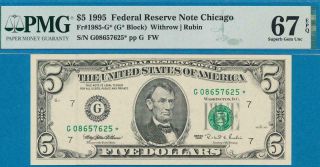 $5.  00 1995 Star Chicago Federal Reserve Note Pmg Gem 67epq
