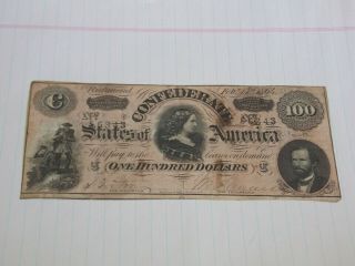 1864 $100 Note Confederate States Currency Civil War Note Paper Money
