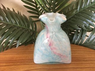 Vintage Murano Art Glass Light Blue & Pink Swirl Bag Vase W/ Clear Glass Tie