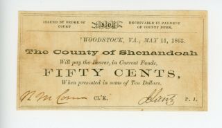 1863 County Of Shenandoah Woodstock Virginia Fifty Cents Currency
