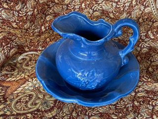 Vintage Mccoy Pottery - Blue Pitcher And Wash Bowl Basin Set Grape Clusters