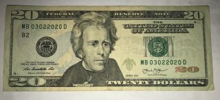 2013 20 Dollar Federal Reserve Note,  Very Cool Date Serial Number Mb 03022020 D