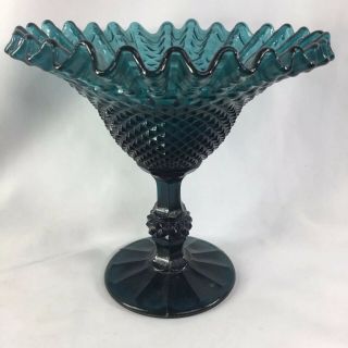 Indiana Glass Diamond Point Blue Green Pedestal Compote Candy Dish