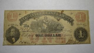 $1 1862 Richmond Virginia Va Obsolete Currency Treasury Bank Note Bill