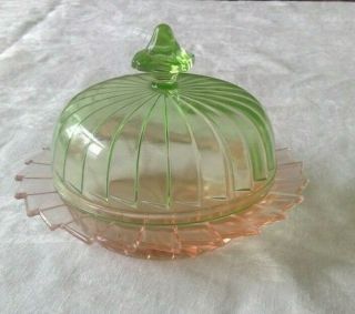Vintage Jeannette Green And Pink Sierra " Pinwheel " Glass Butter Dish With Lid