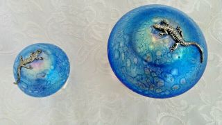 Heron Glass - Two Blue Mushrooms Both Set With Pewter Lizards - Gift Box