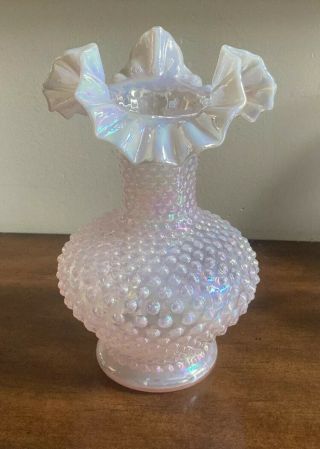 Large Fenton Pink Opalescent Iridescent Hobnail Ruffled Vase 10.  5” Tall Perfect