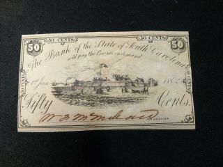 1862 Bank Of The State Of South Carolina 50 Cent Note Fort Moultrie Scene