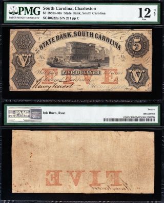 Scarce 1850s - 60s $5 Charleston,  Sc State Bank Obsolete Note Pmg 12/n 211