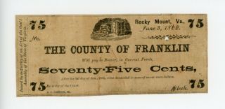 Rocky Mount Virginia County Of Franklin 75 Cents June 1862