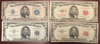 2 Blue Seal And 2 Red Seal Five Dollar Bills,  1934 And 1953