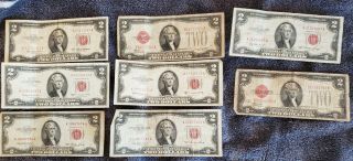 1928 - 1963 Two Dollar Note Red Seal 8 Bills Total,  2 - 1928,  5 - 1953,  1 - 1963