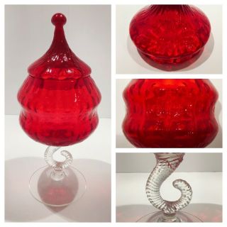 Vintage Red Empoli Glass Apothecary Candy Dish Circus Tent Lid Mid Century