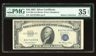 Dbr 1953 $10 Silver Fr.  1706 Pmg 35 Epq Serial A01791309a