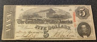 1863 T - 60 $5 Confederate States Of America Note - Civil War Era; Gorgeous Shape