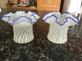 Vintage Pair Fenton Glass Blue Ridge Hat Vases Opalescent Cobalt Blue Edge