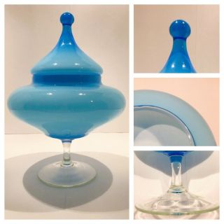 Vintage Blue Empoli Case Glass Apothecary Candy Dish Circus Tent Lid Mid Century