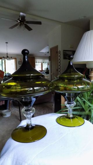 2 Vintage Empoli Glass Apothecary Jar Dish Circus Tent Lid Olive Green Mcm