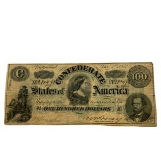 1862 $100 Csa Confederate States Of America Note " Lucy Pickens " Richmond