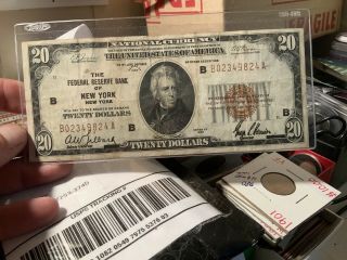 1929 Ny Fed Bank Note $20 Bill Currency Heavy Ink