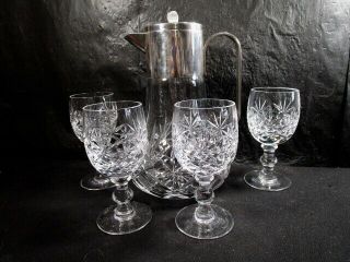 Crystal Water Pitcher With Metal Top And Four Stemmed Glasses