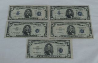 (5) 1934 - 1953 U.  S.  $5 Five Dollar Silver Certificates Ux - 8