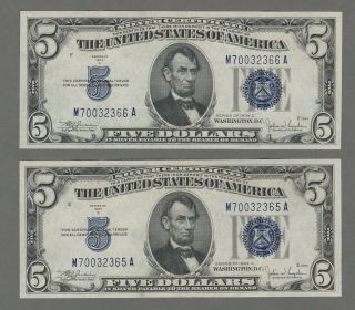 2 - 1934 C $5 Silver Certificate Fr 1653 (l A Block) (wide Face) Vf