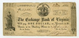 1862 $1 The Exchange Bank Of Virginia - Norfolk,  Virginia Note Civil War Era