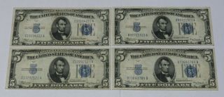 Four 1934 $5 Five Dollar Silver Certificates