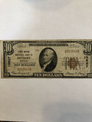 Series 1929 Us $10 Brown Seal Ten Dollar National Currency Note - Detroit