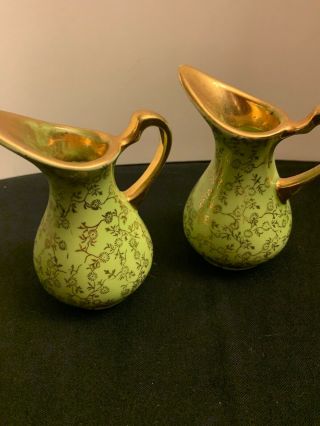 2 Pearl China Co Creamer 22kt Gold Trim Hand Decorated Green Set