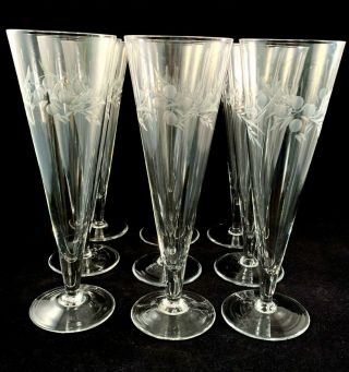 Set Of 9 Vintage Etched Crystal 10 Oz.  Pilsner Or Parfait Glasses,  Floral Design