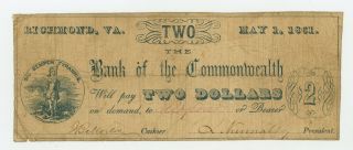 1861 $2 The Bank Of The Commonwealth - Richmond,  Virginia Note Civil War Era