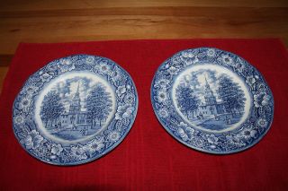 LIBERTY BLUE STAFFORDSHIRE INDEPENDENCE HALL DINNER PLATES SET OF TWO 3