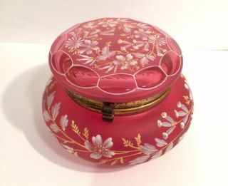 Vintage Moser Cranberry Glass Dresser Box White And Gold Enamel Hand Painted