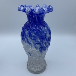 Vintage Art Glass Blue White Mottled End Of Day Basketweave Ruffled Vase