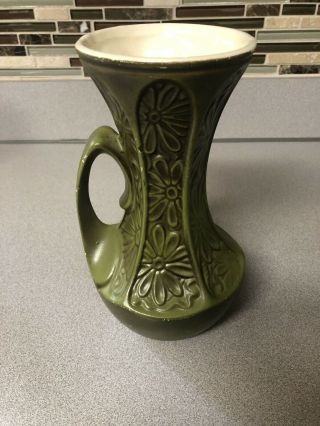Vtg Mccoy Pottery Pitcher Vase Green With Flower Pattern 9”