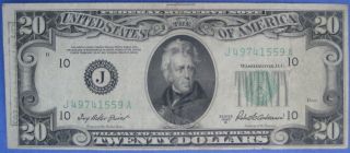 $20 1950b Federal Reserve Note,  Bank Of Kansas City; Serial J49741559a; Au