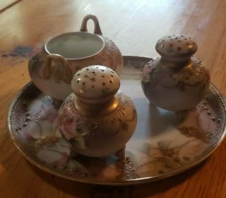 Hand Painted Nippon Sugar Bowl With Dish And Salt And Pepper