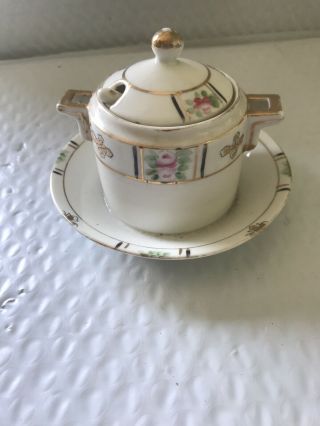 Vintage Nippon Hand Painted Sugar Bowl With Saucer And Spoon
