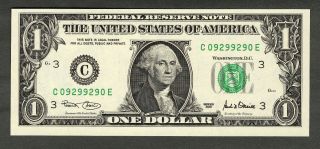 Series 2001 $1 One Dollar Federal Reserve Note - Radar Serial C09299290e