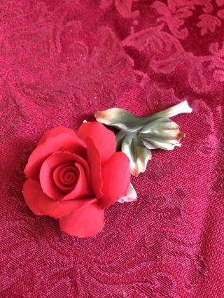Vintage Napoli Capodimonte Red Rose Flower With Stem And Leaves Base