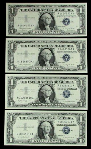 1957 B $1 Silver Certificate 4 Consecutive Notes Blue Seal 1621 R - A Block