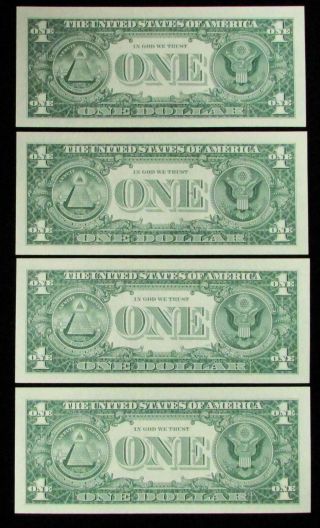 1957 B $1 SILVER CERTIFICATE 4 CONSECUTIVE NOTES BLUE SEAL 1621 R - A BLOCK 2